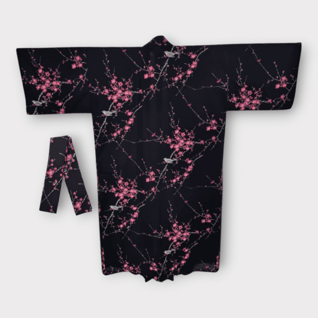 Plus Size Yukata Pflaumenblüte schwarz inkl. Obi #farbe_Schwarz