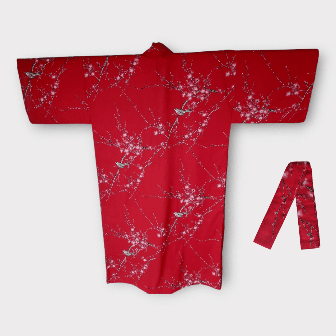 Plus Size Yukata Pflaumenblüte Rot inkl. Obi #farbe_Rot