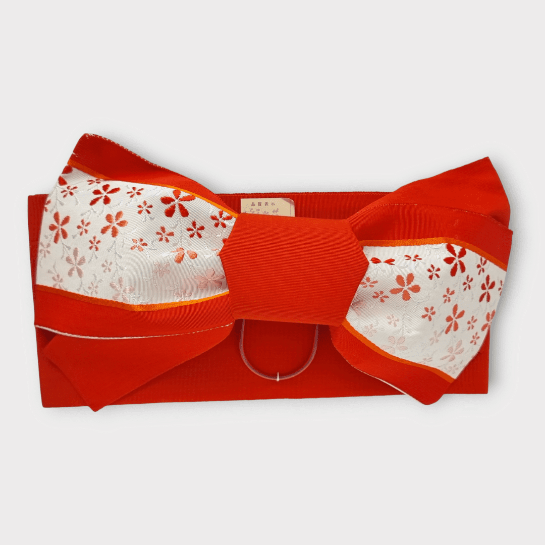 Vintage Chō musubi Obi Schleife Orange-Weiß mit Blüten