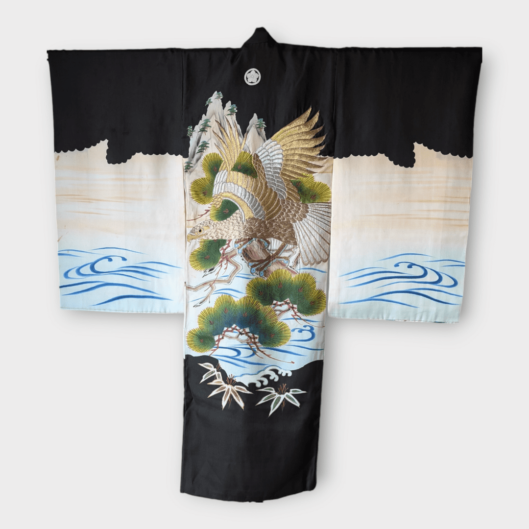 Vintage Furisode Kimono Kinder Kiefer und Falke Gr. 116 / 122