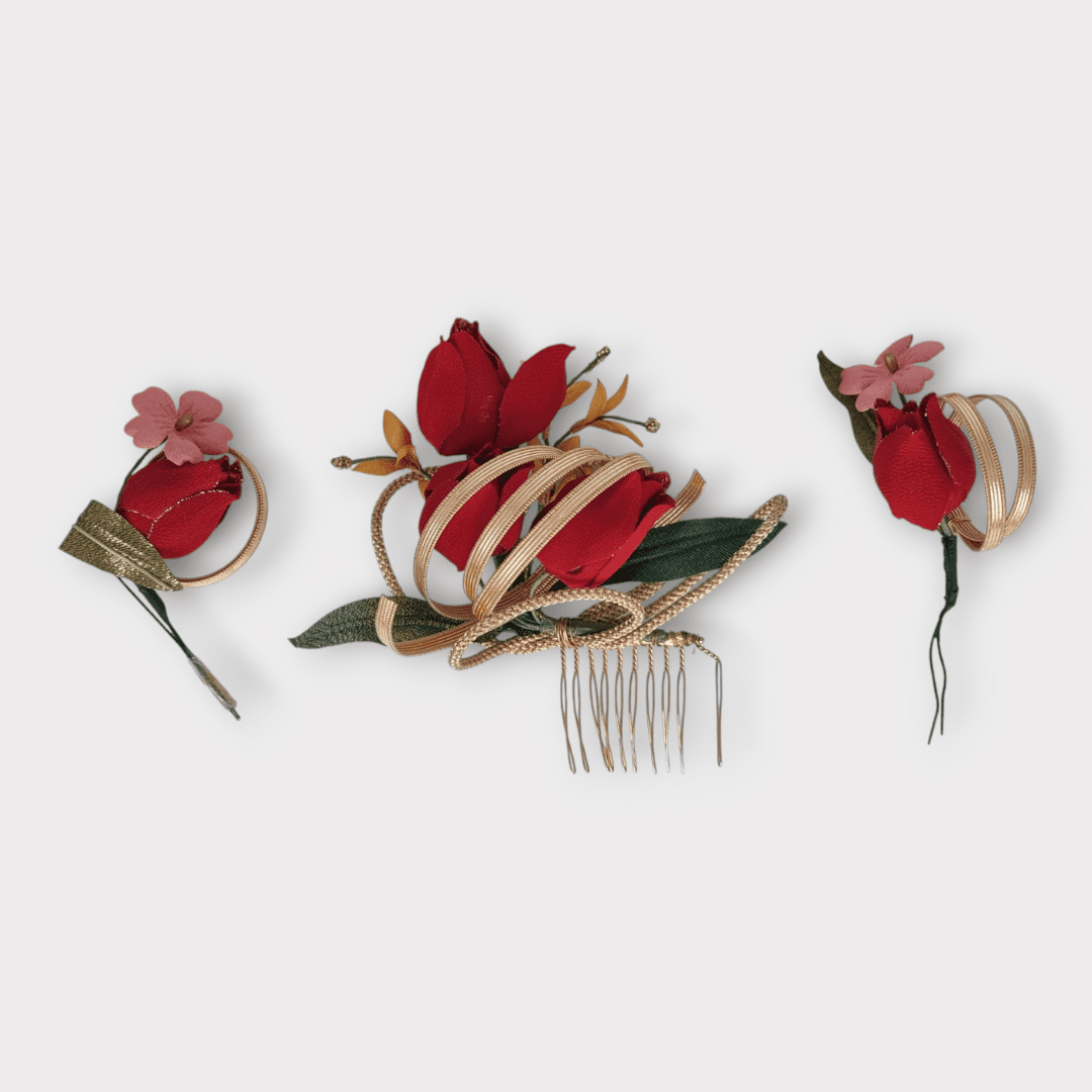 Vintage Kanzashi Set 3-teilig rote Blumen