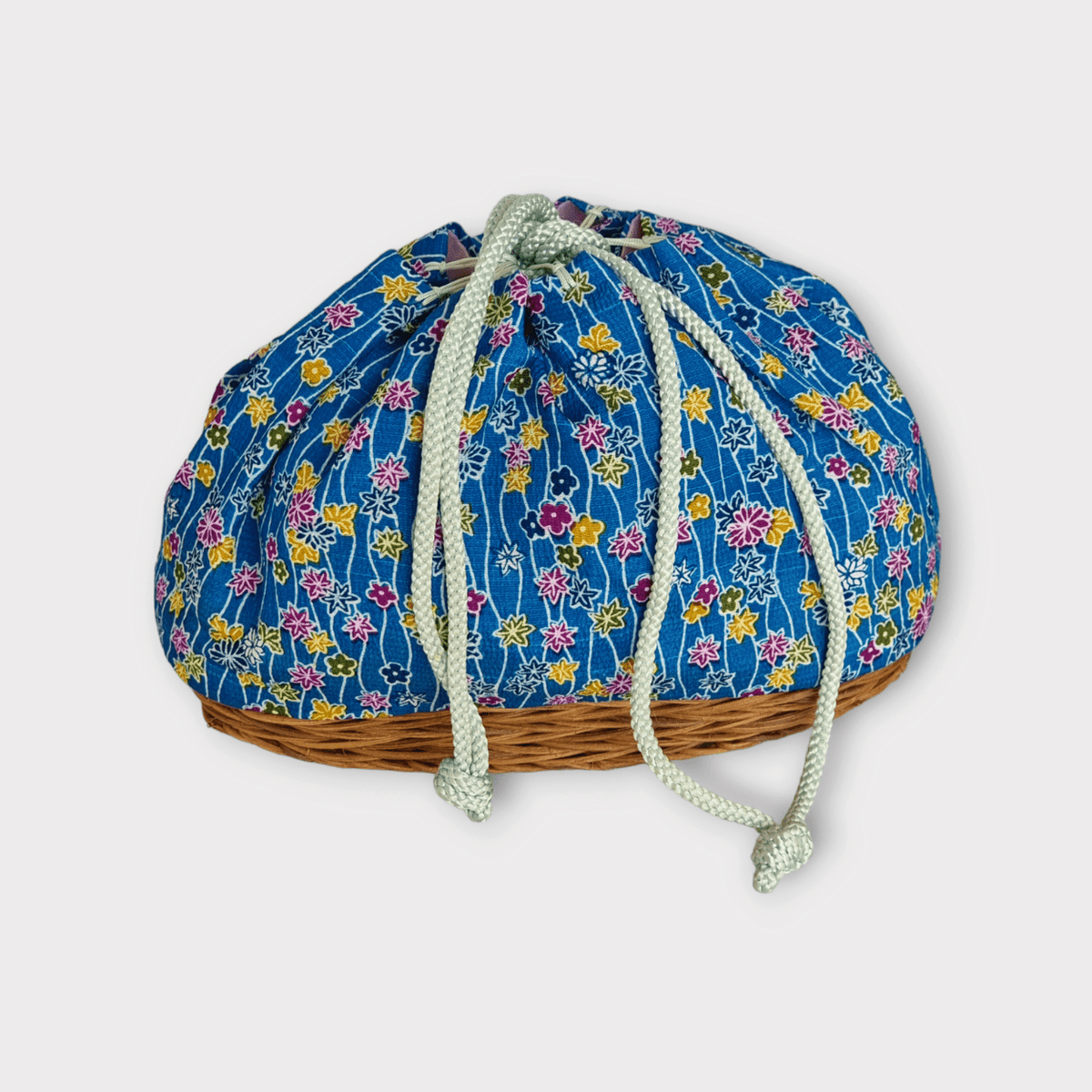 Vintage Kinchaku Takekago Bambus Korbtasche Blau