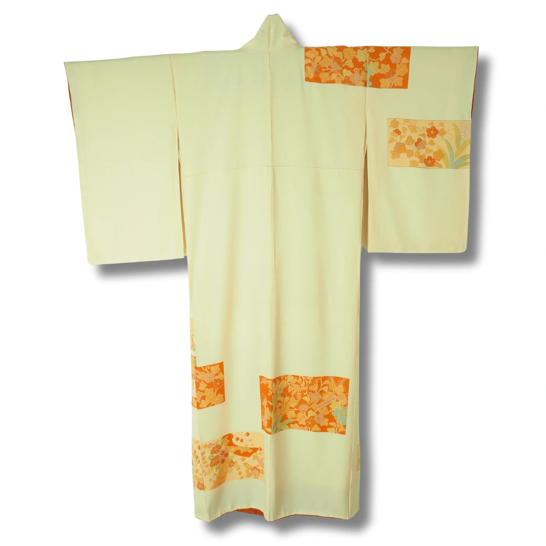 Vintage Houmongi Damen Kimono creme mit Blumen