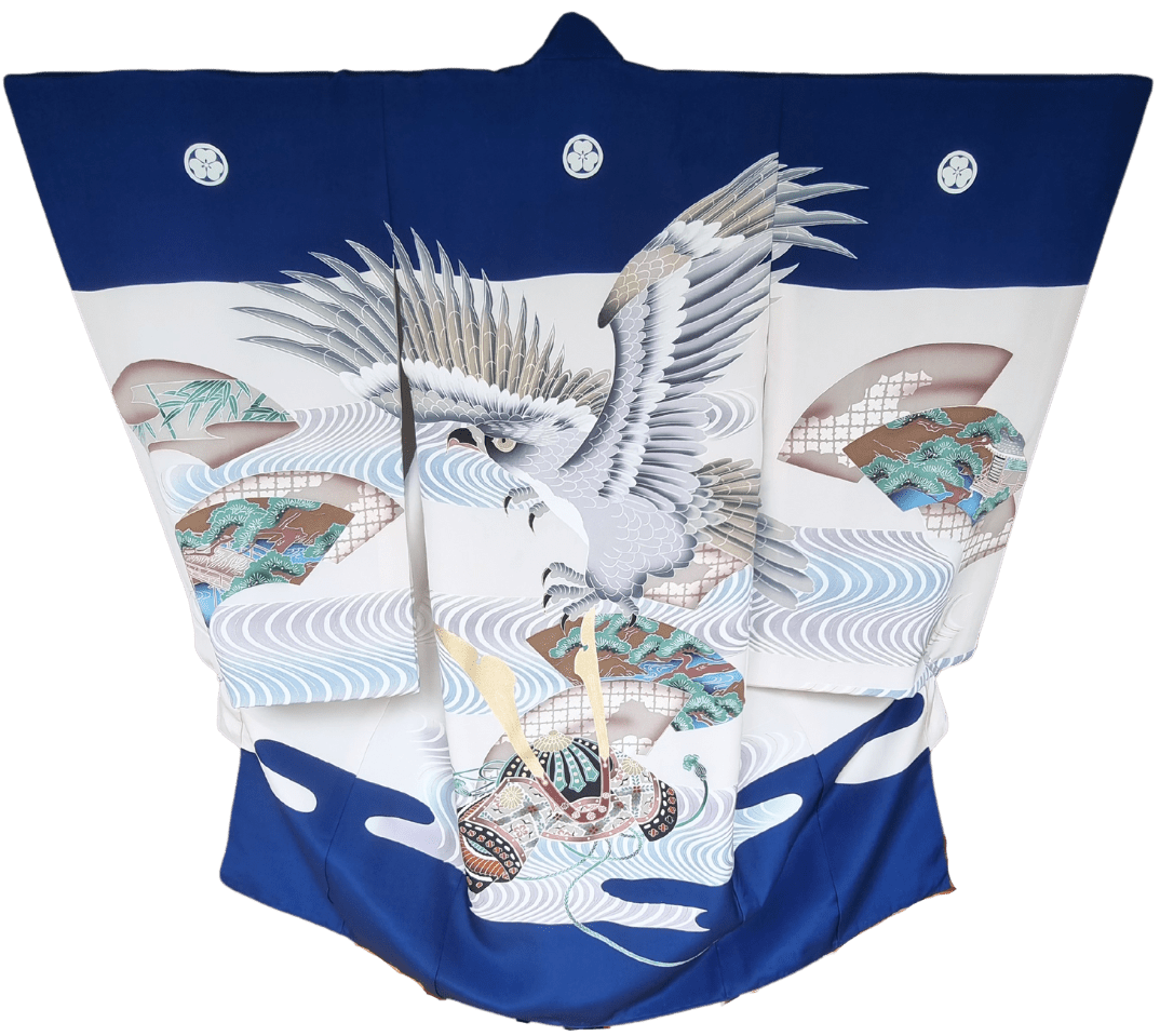 Vintage Furisode Kimono Kinder Adler und Samurai-Helm 116 / 122