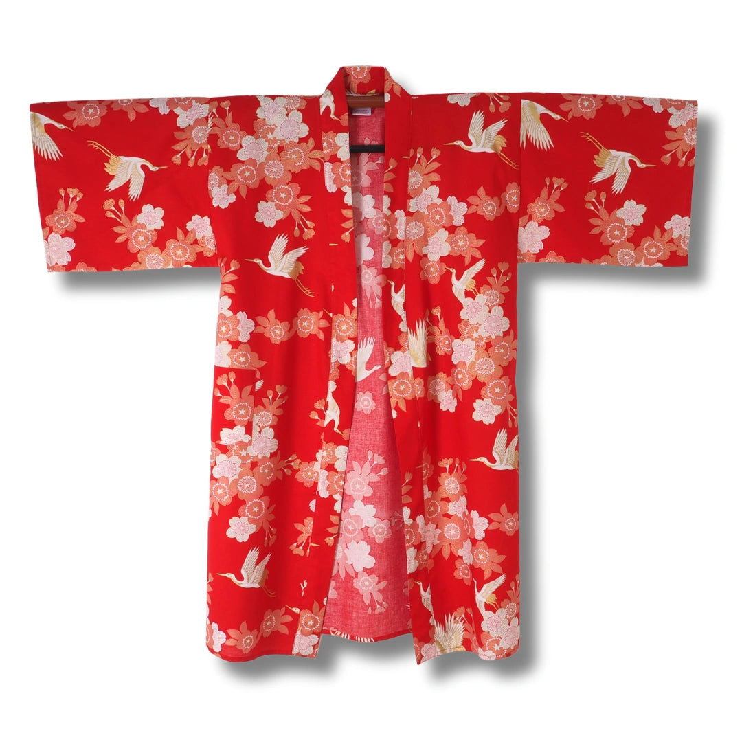 Damen Yukata kurz rot mit Kranichen & Blumen