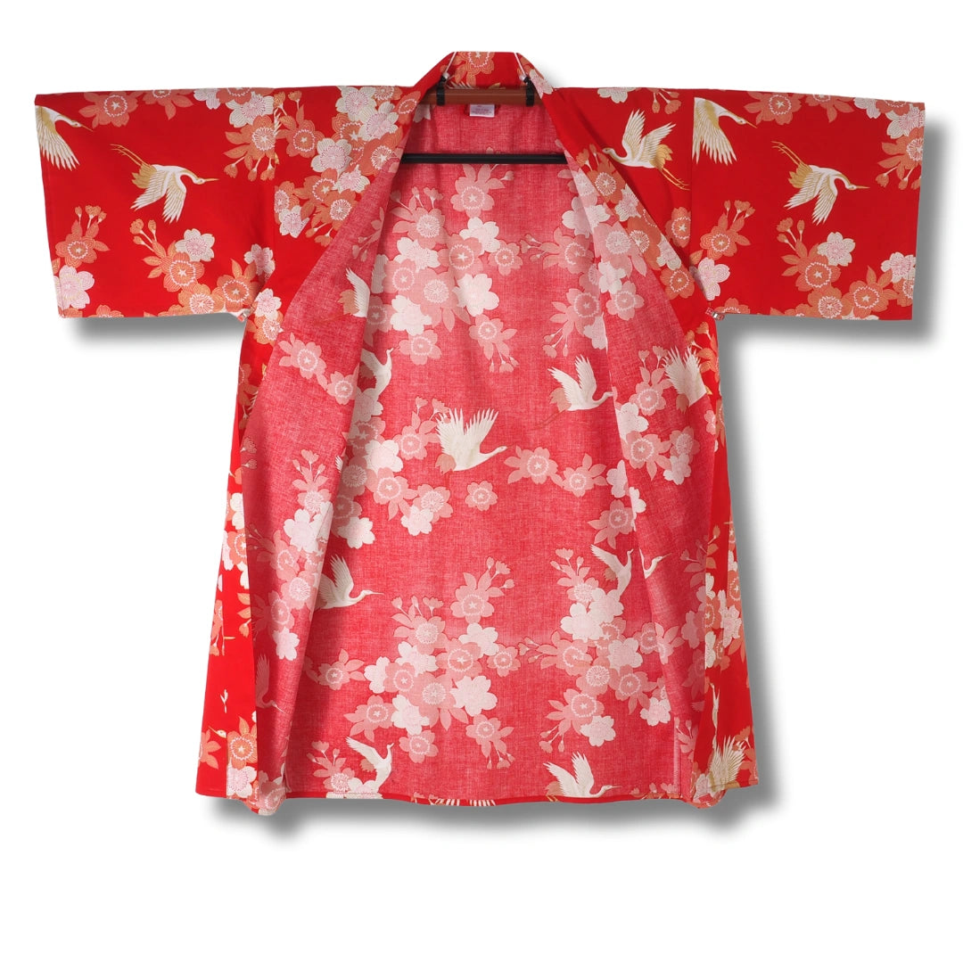 Damen Yukata kurz rot mit Kranichen & Blumen