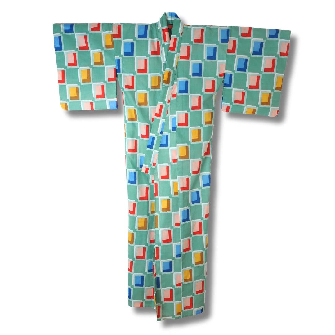 Damen Yukata Grün mit bunten Vierecken