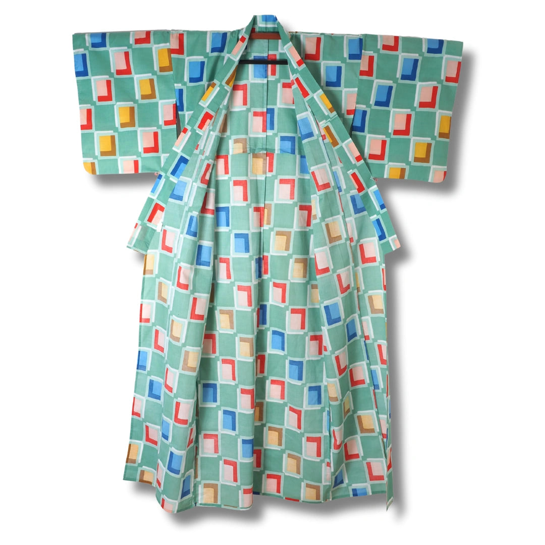 Damen Yukata Grün mit bunten Vierecken