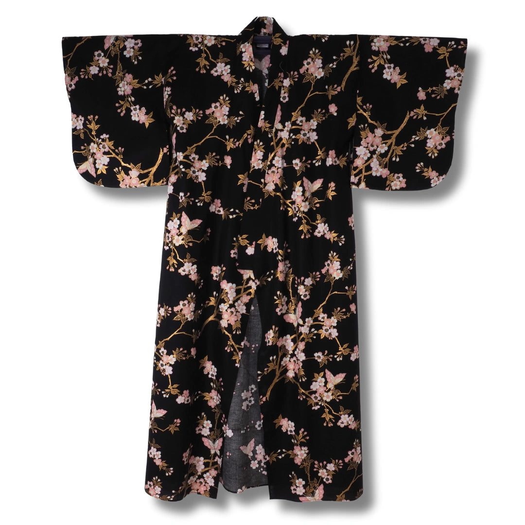 Damen Yukata – Schwarz mit rosa & weißen Blüten