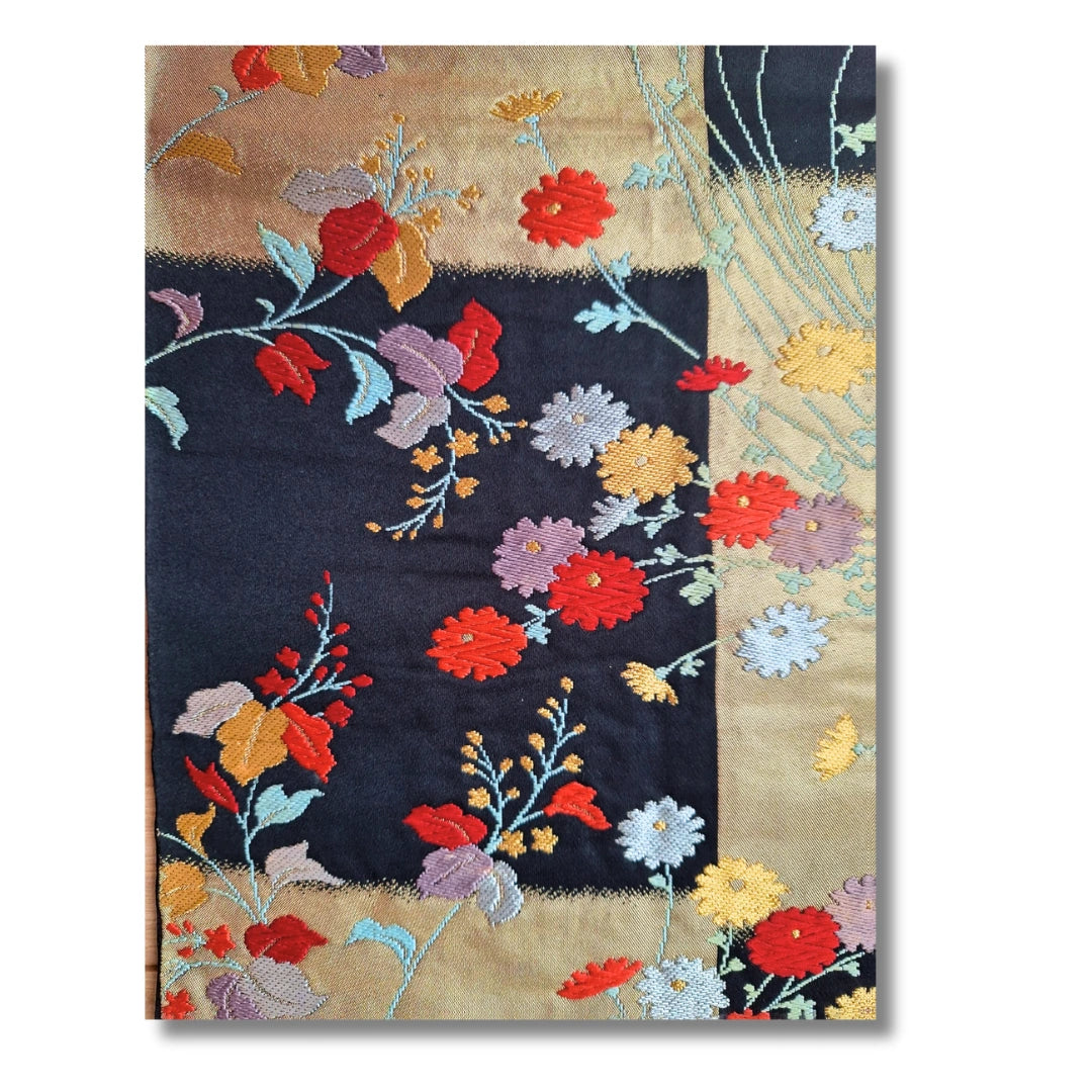 Vintage Fukuro Obi schwarz mit floraler Stickerei