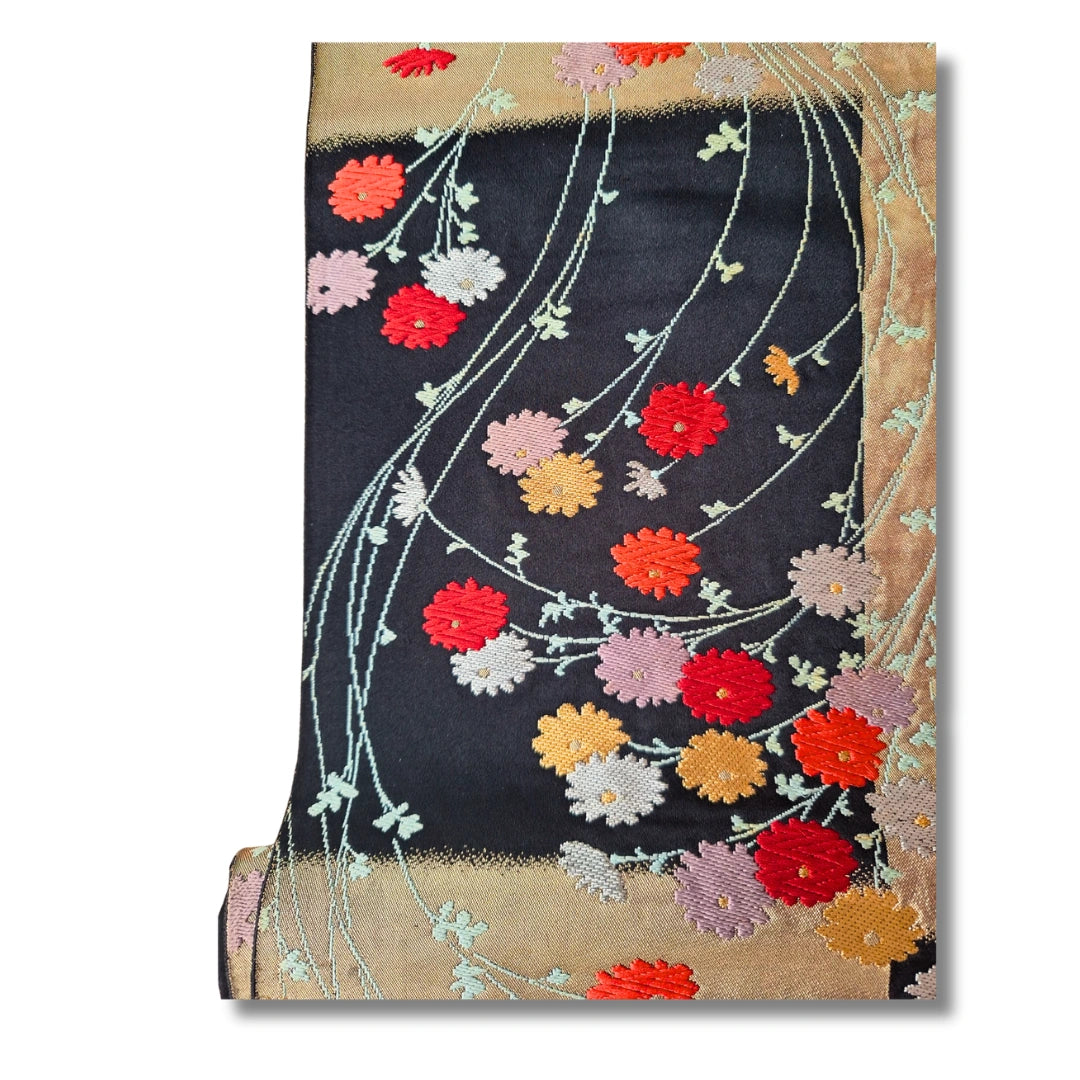 Vintage Fukuro Obi schwarz mit floraler Stickerei