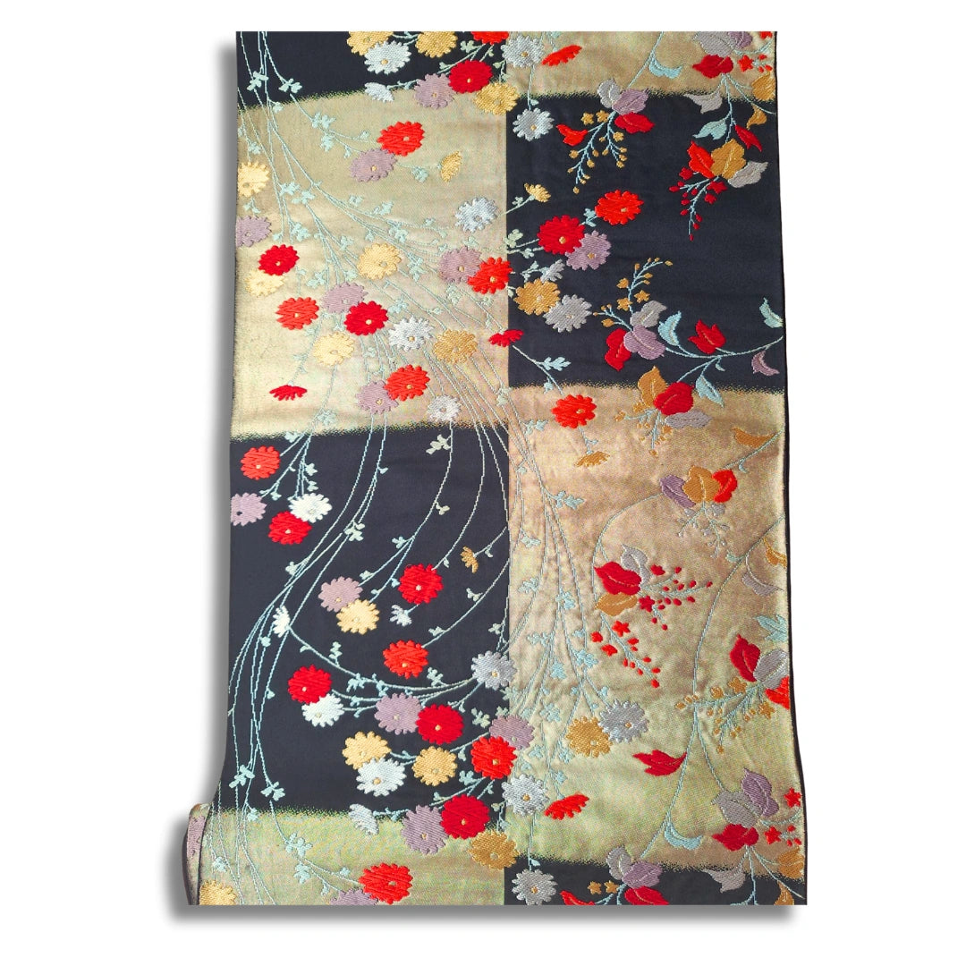 Vintage Fukuro Obi schwarz mit floraler Stickerei