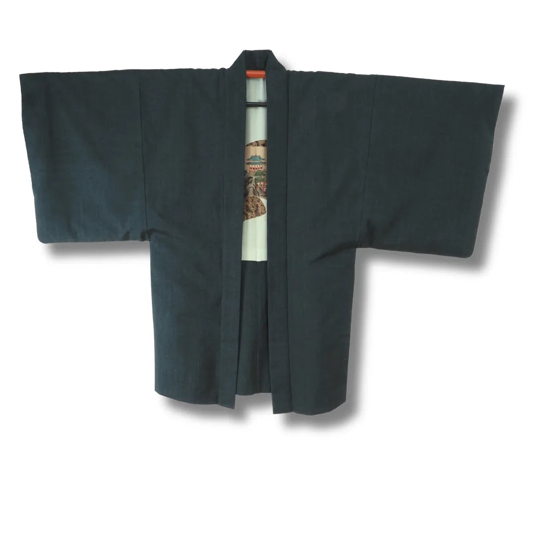 Graublauer Vintage Herren-Haori mit gemaltem Innenfutter, Frontansicht