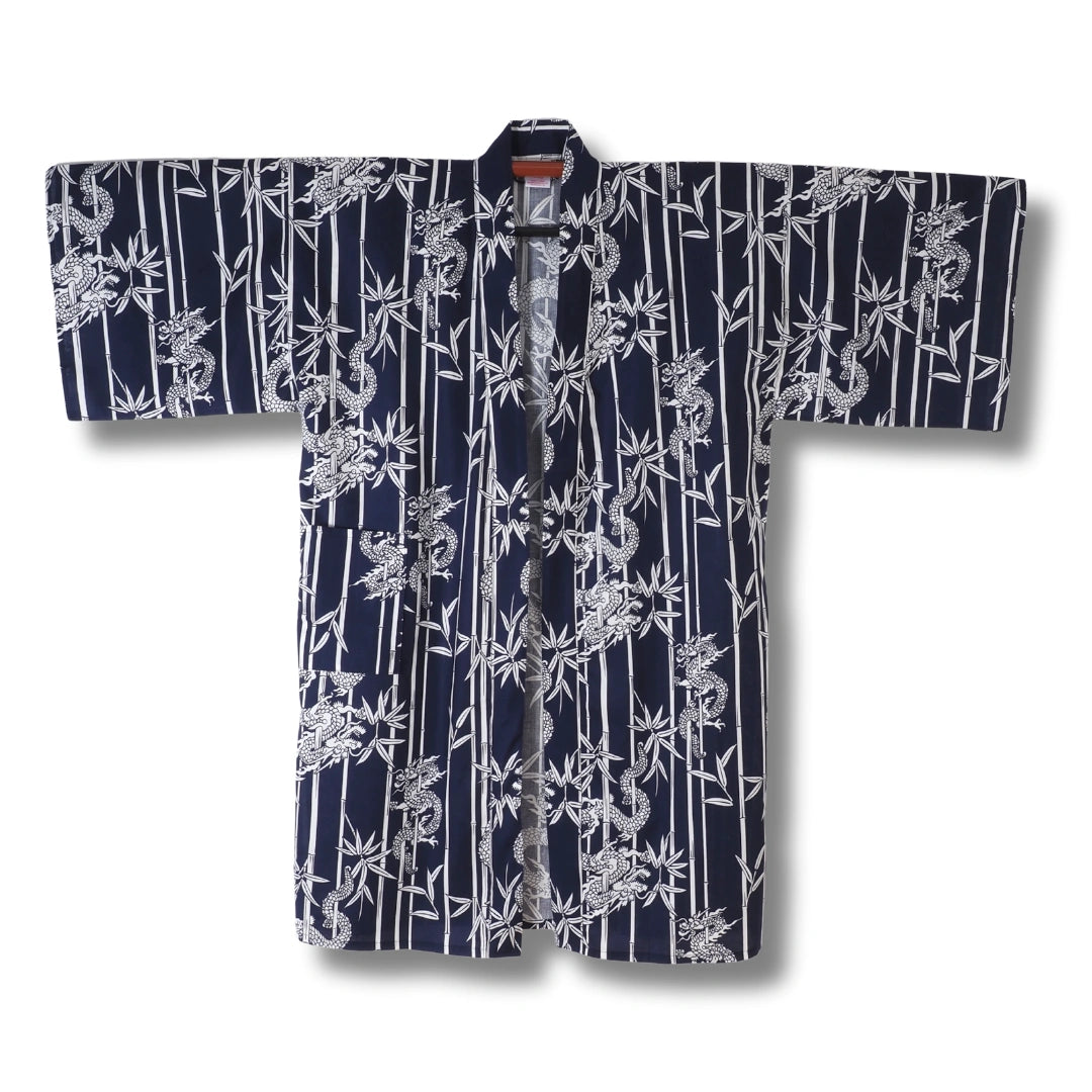 Kurzer Herren Yukata dunkelblau mit weißen Bambus & Drachen
