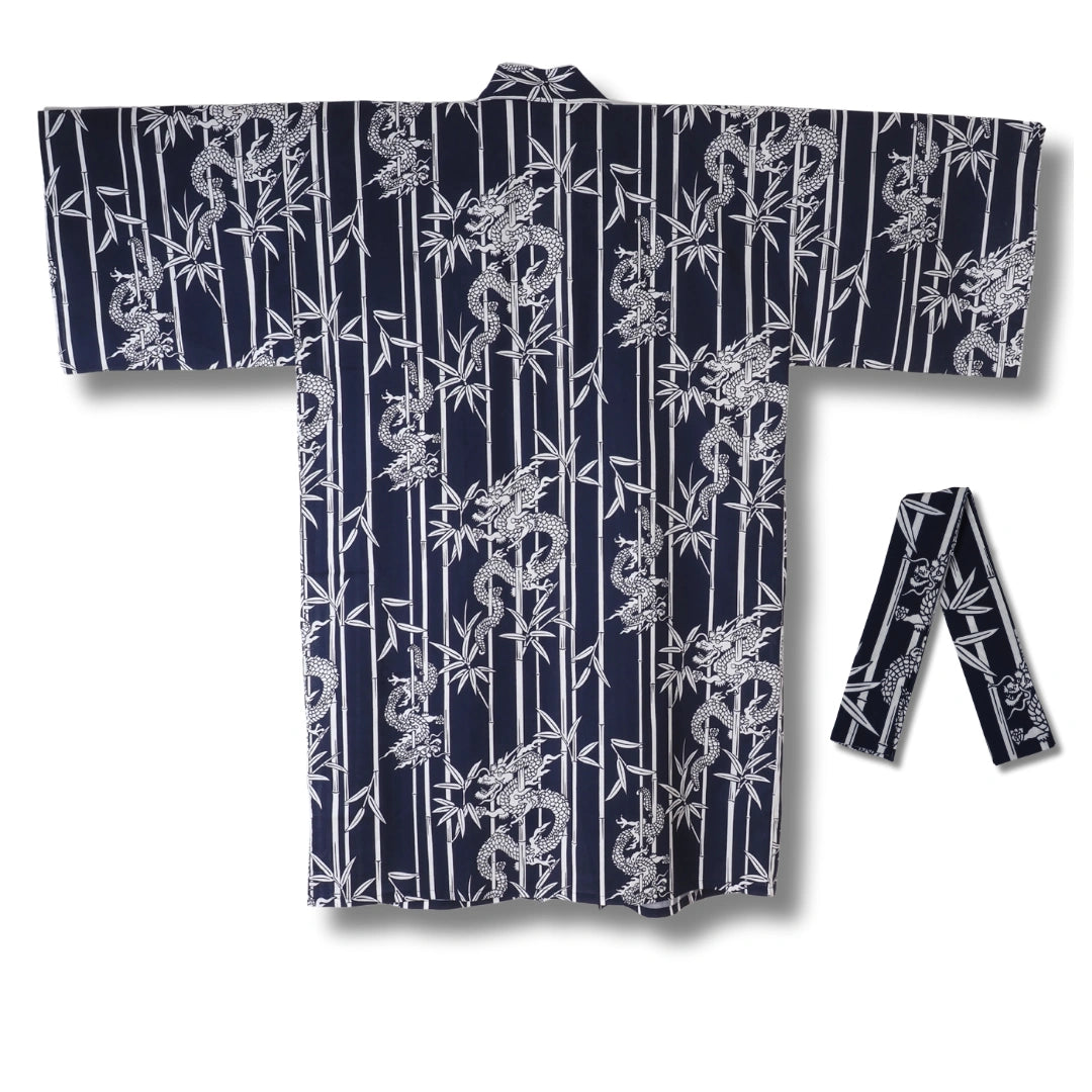 Kurzer Herren Yukata dunkelblau mit weißen Bambus & Drachen