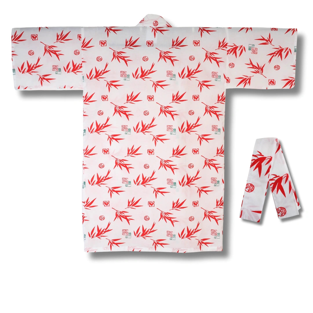 Kurzer Herren Yukata weiß mit roten Blättern