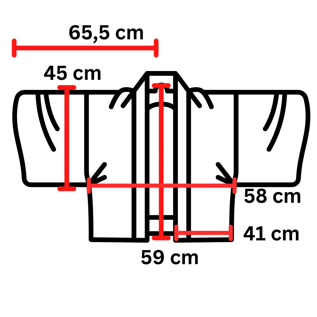 Maßdiagramm der Haori-Jacke: Breite 65,5 cm, Länge 59 cm, Schulterbreite 58 cm