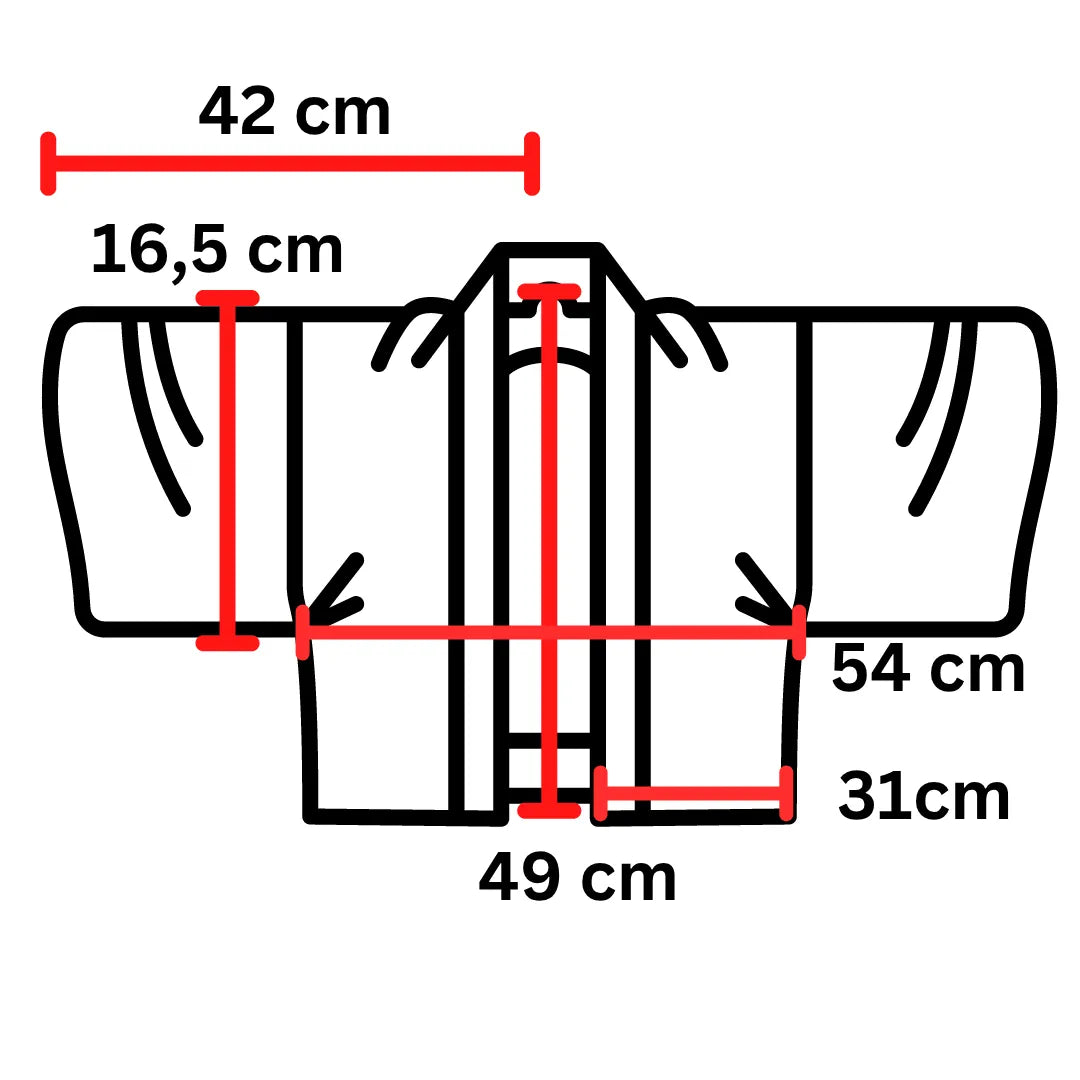 Maßdiagramm des Hadajuban: Breite 42 cm, Länge 49 cm, Ärmellänge 16,5 cm