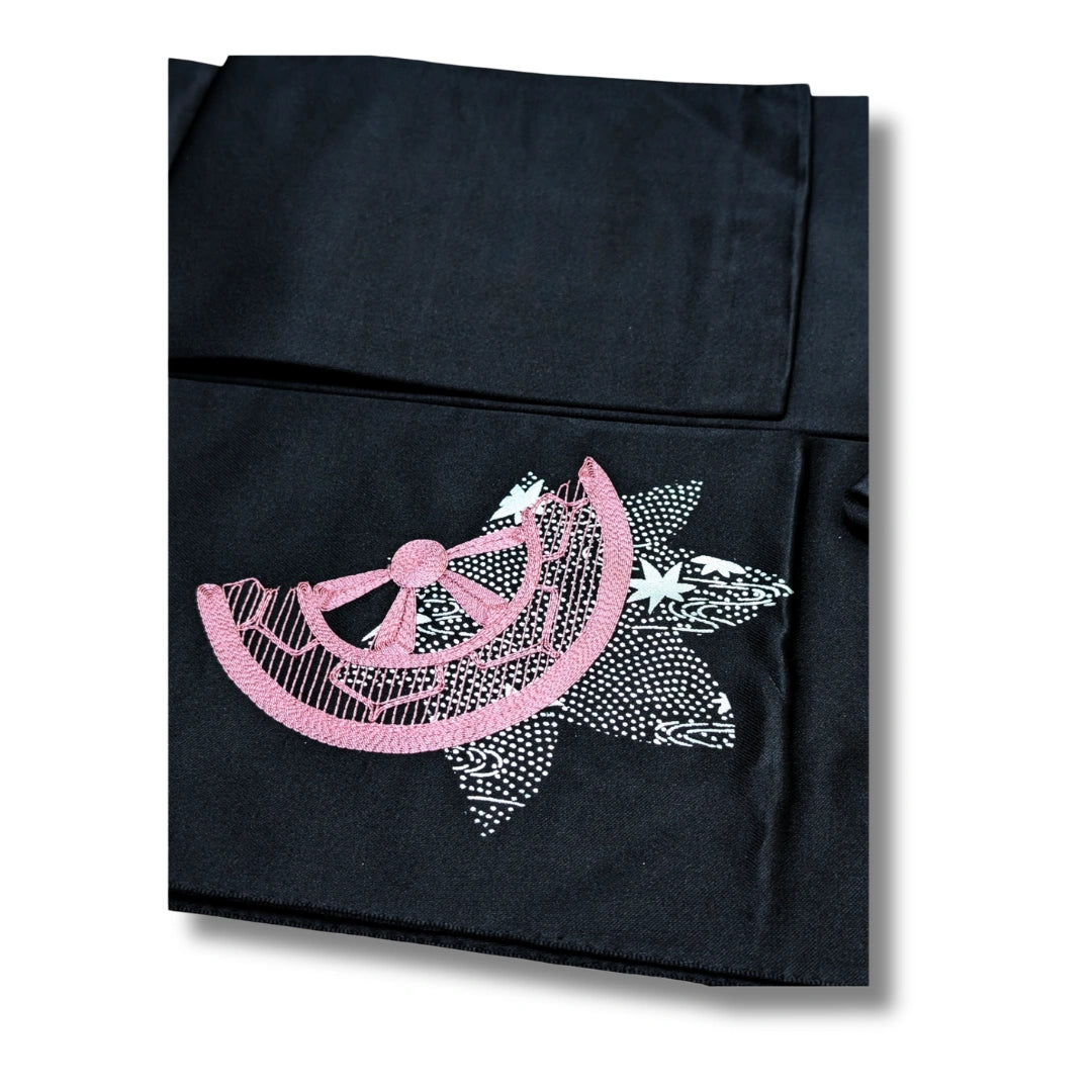 Vintage Nagoya Shitate Nagoya Obi Schwarz mit Rosa Stickerei