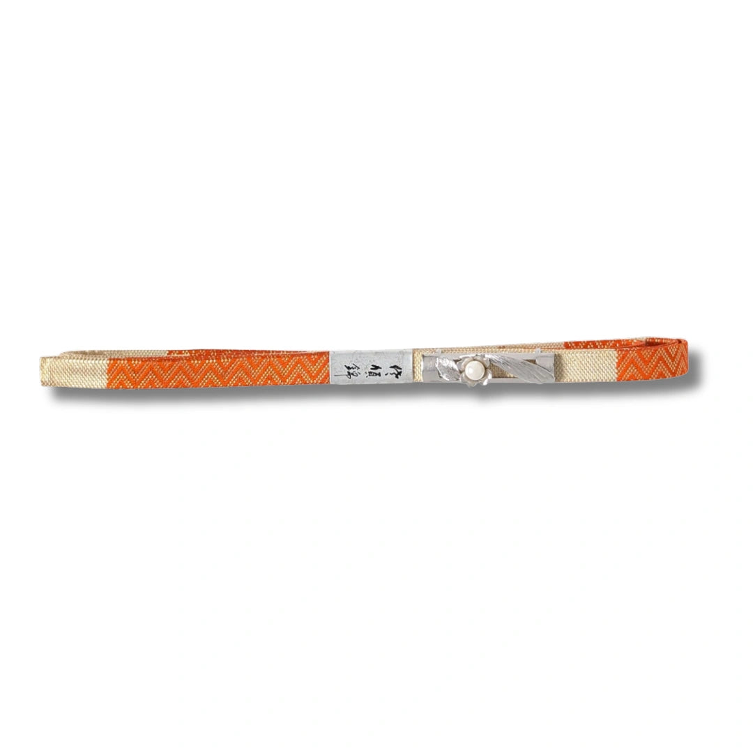 Vintage Obijime Orange mit Obidome in Silber mit Perle unbenutzt