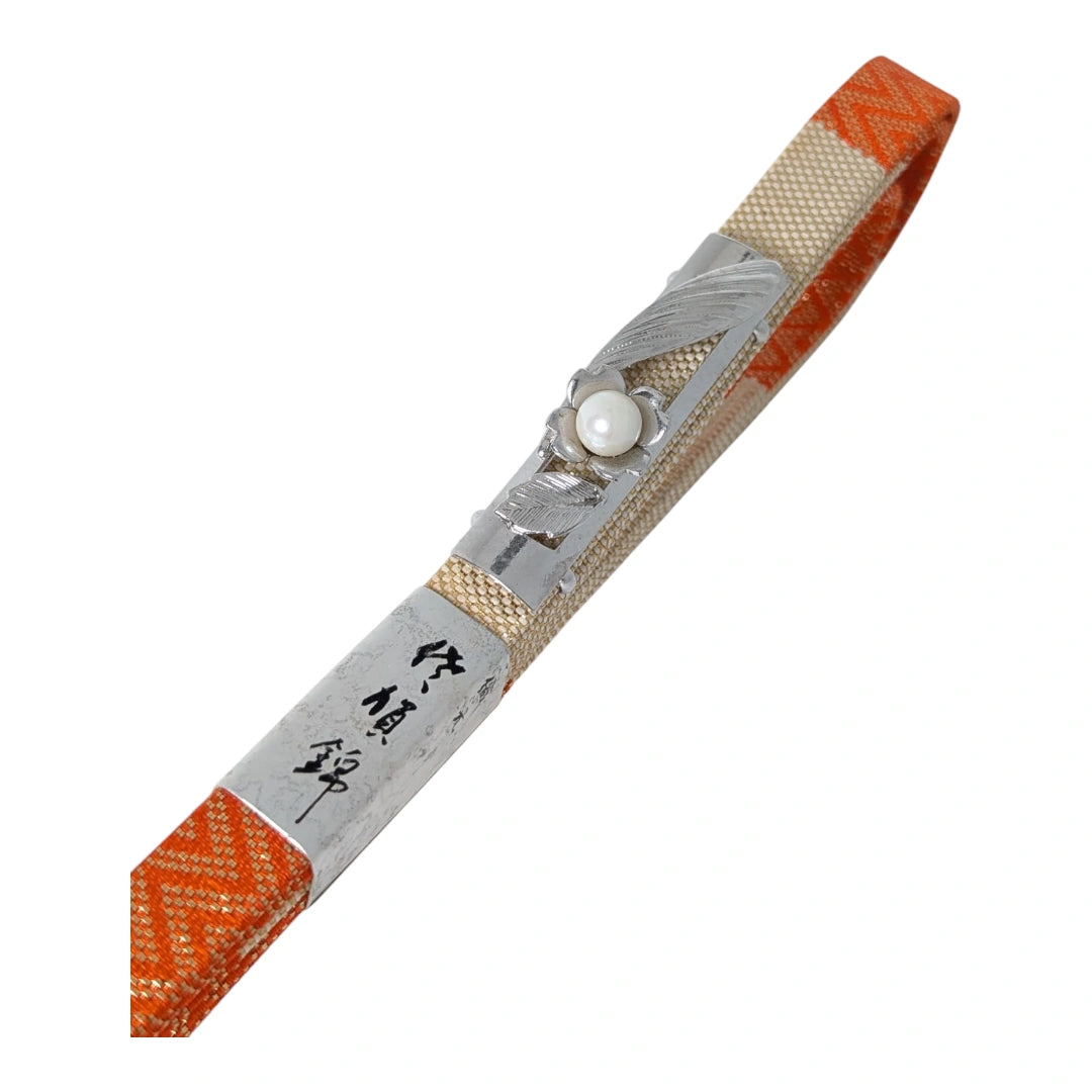 Vintage Obijime Orange mit Obidome in Silber mit Perle unbenutzt