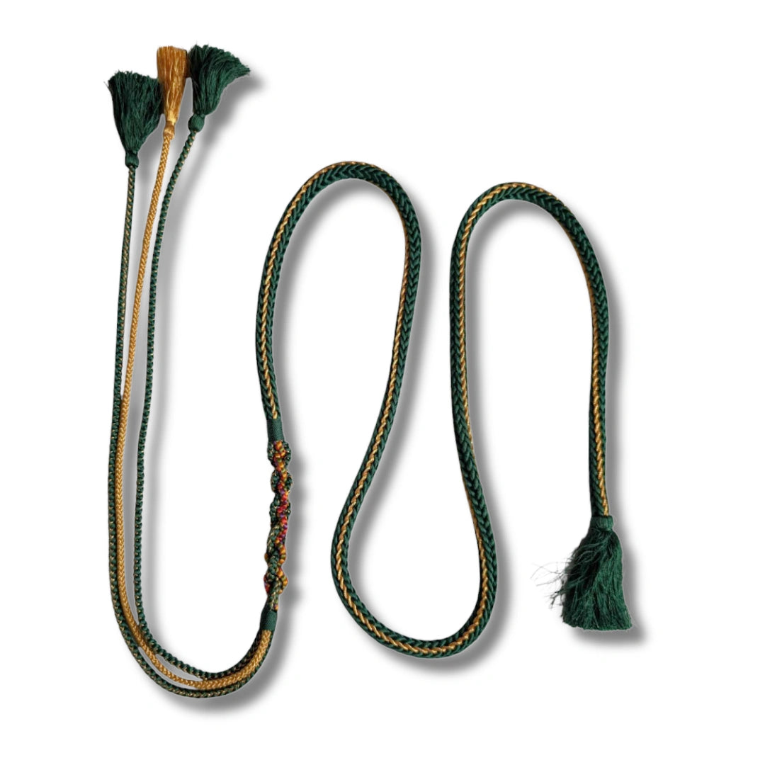 Obijime aus Seide in Grün und Gold mit Flechtmuster – Vintage