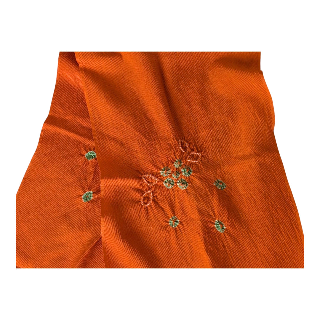 Oranger Obiage mit Shibori-Blüten & Hishi-Muster – reine Seide, ungetragen