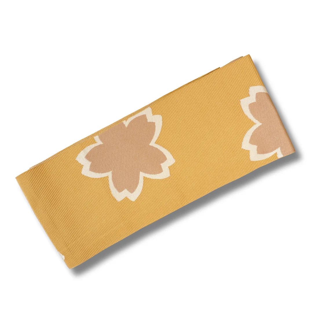 Senfgelber Vintage Hanhaba Obi aus Japan mit großen Kirschblüten in Altrosa