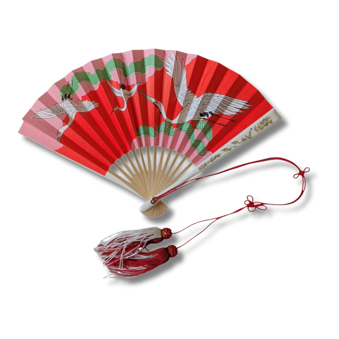 Vintage japanischer Sensu Handfächer Kranich Kiefernwolken