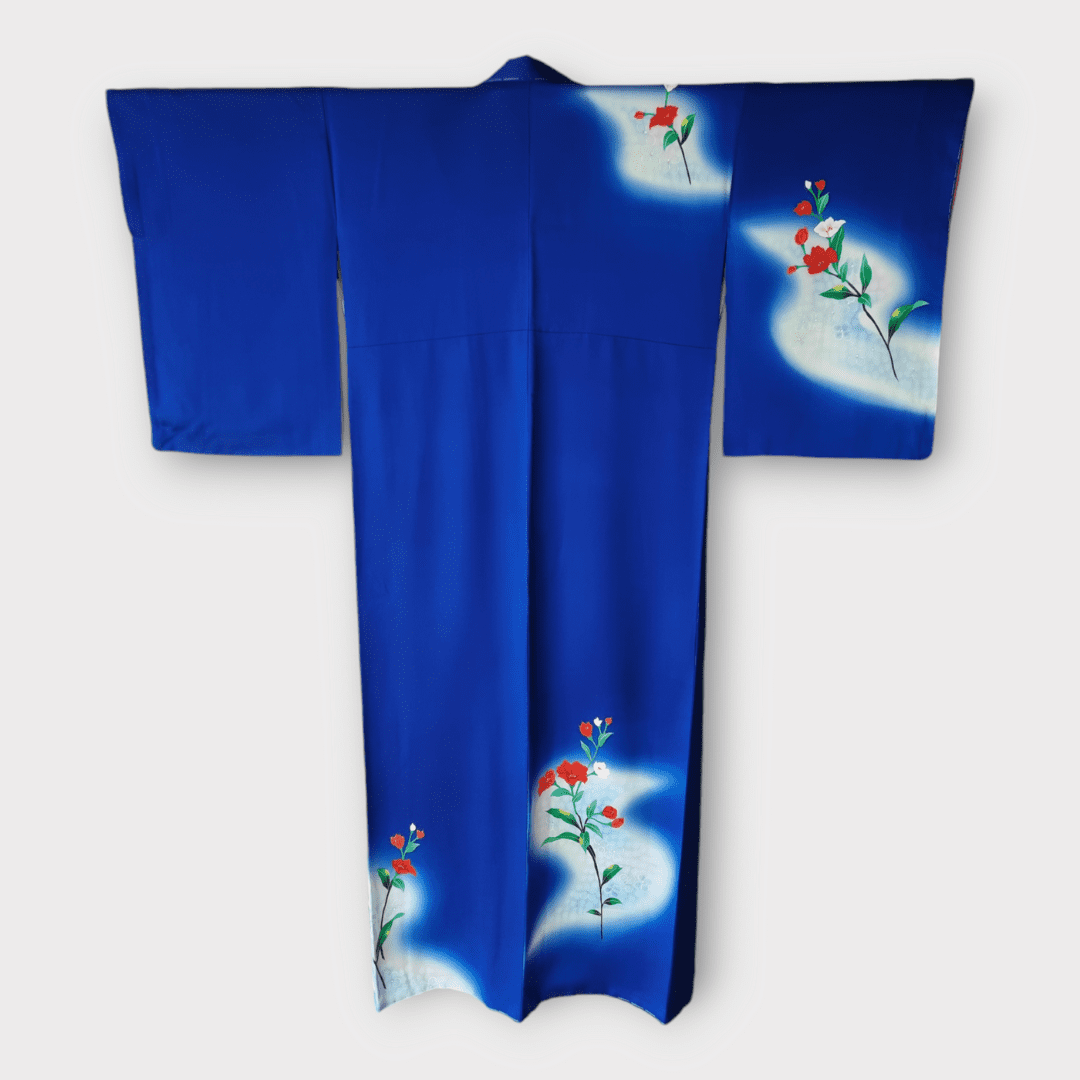 Vintage Houmongi-Tsukesage Kimono Damen Blau ungetragen