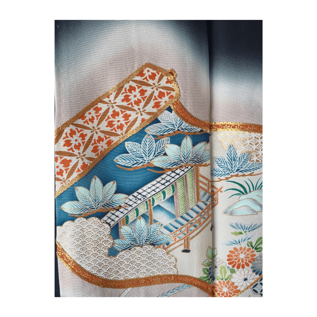 Vintage Kuro-Tomesode Kimono Damen Schriftrolle