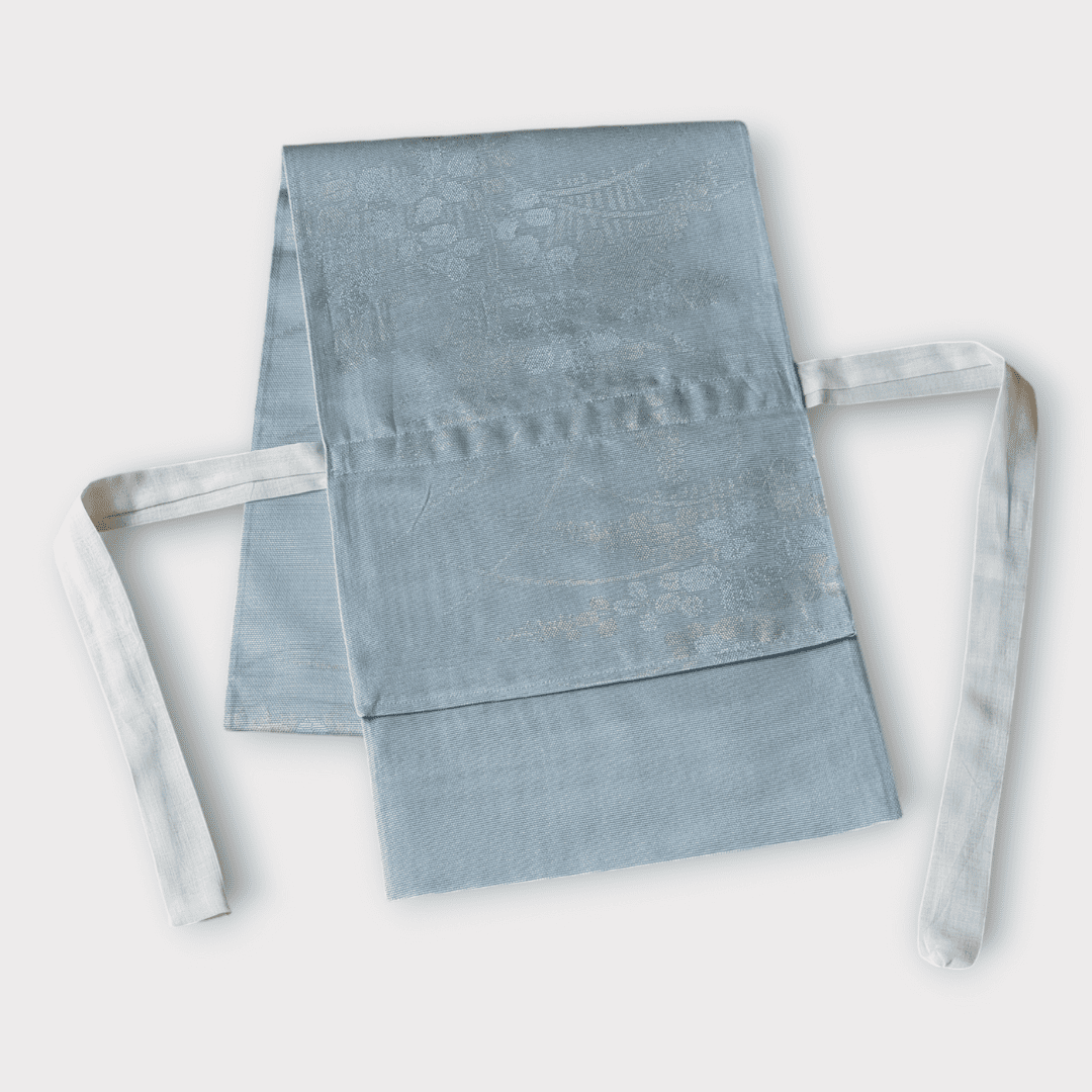 Vintage Taiko Musubi Obi Pastellblau mit Blumen