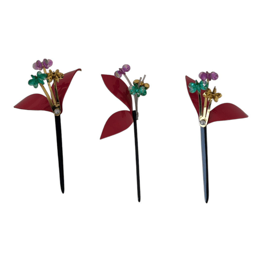 Vintage Kanzashi Set 3 Haarnadeln Rot / Gold