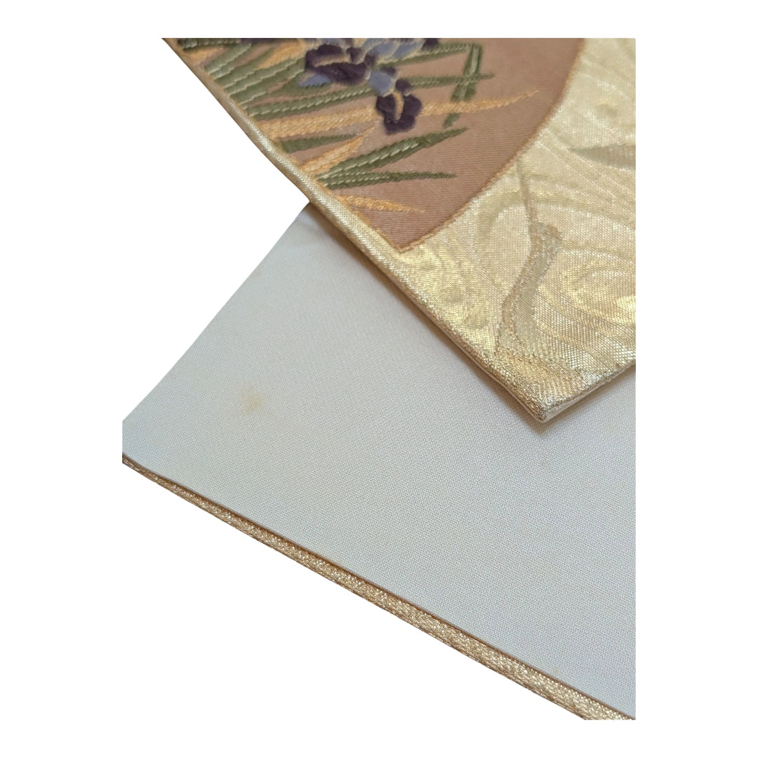 Vintage Fukuro Obi Goldbeige Fächer & Kraniche