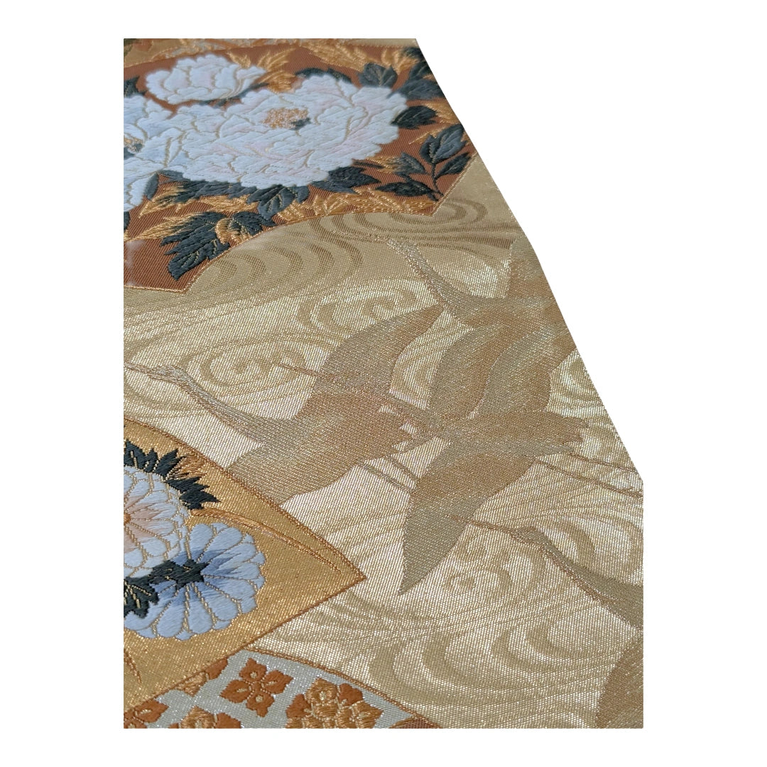 Vintage Fukuro Obi Goldbeige Fächer & Kraniche