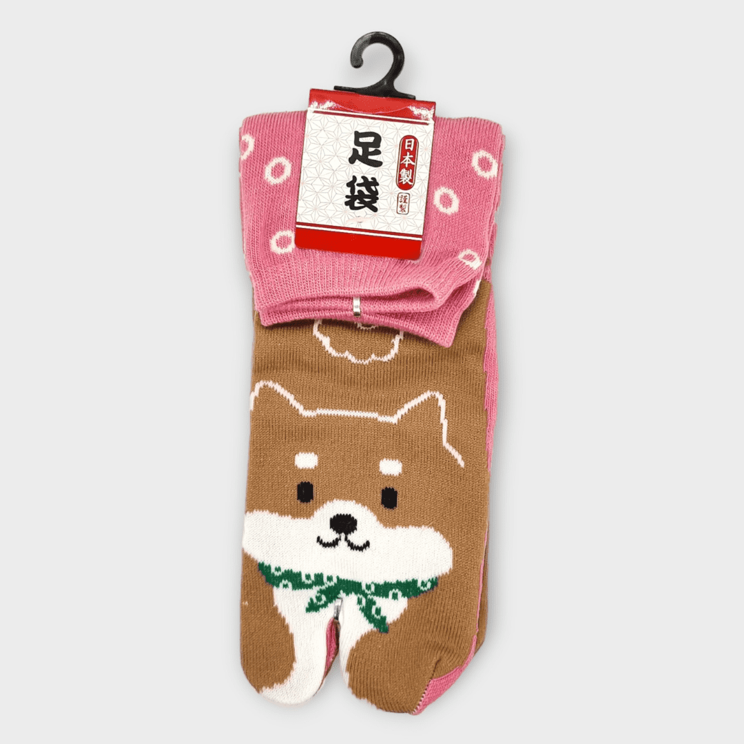 Linke braune Tabi Socke mit Shiba Inu in rosa #farbe_Rosa