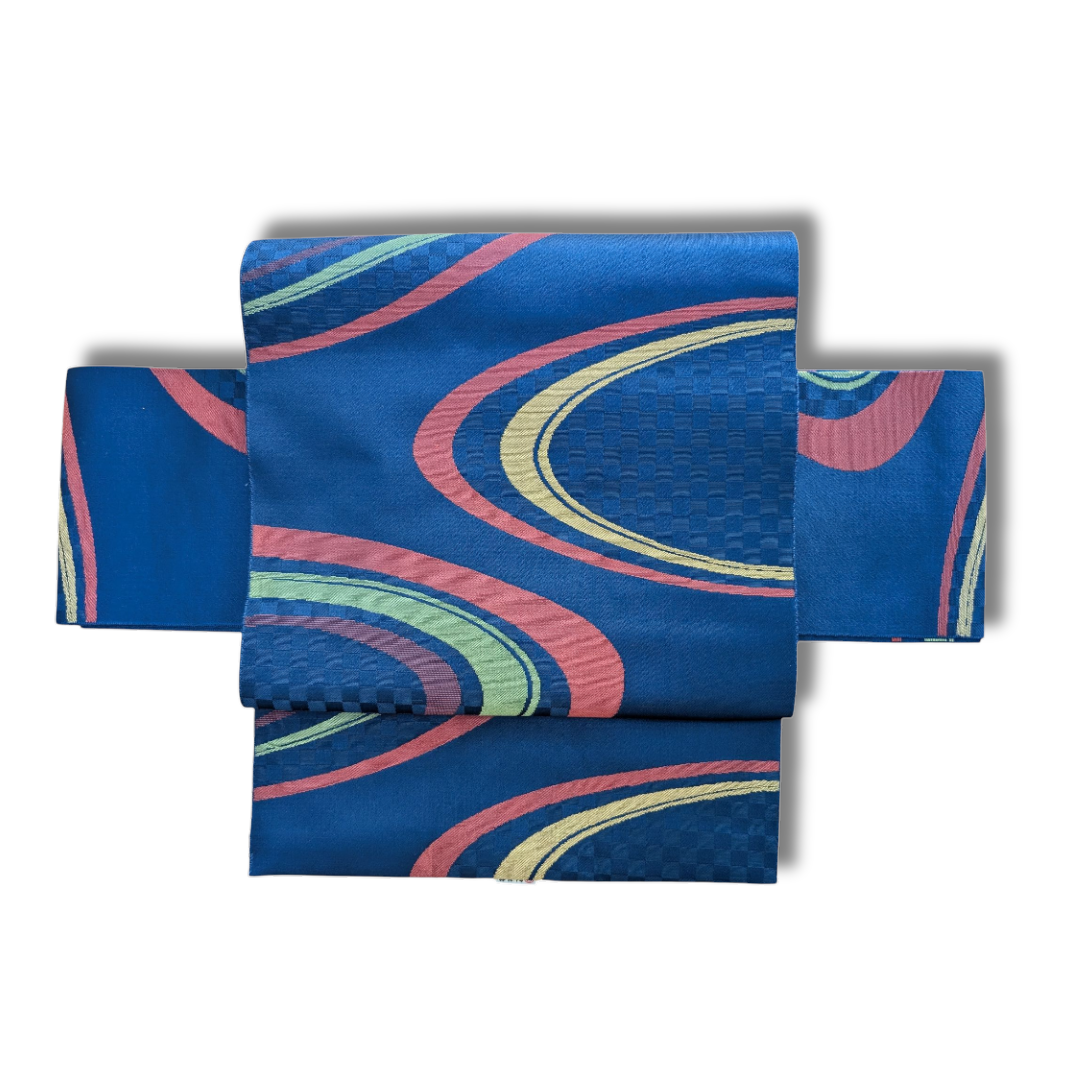 Vintage Tsukuri Obi Blau mit Wellenmuster