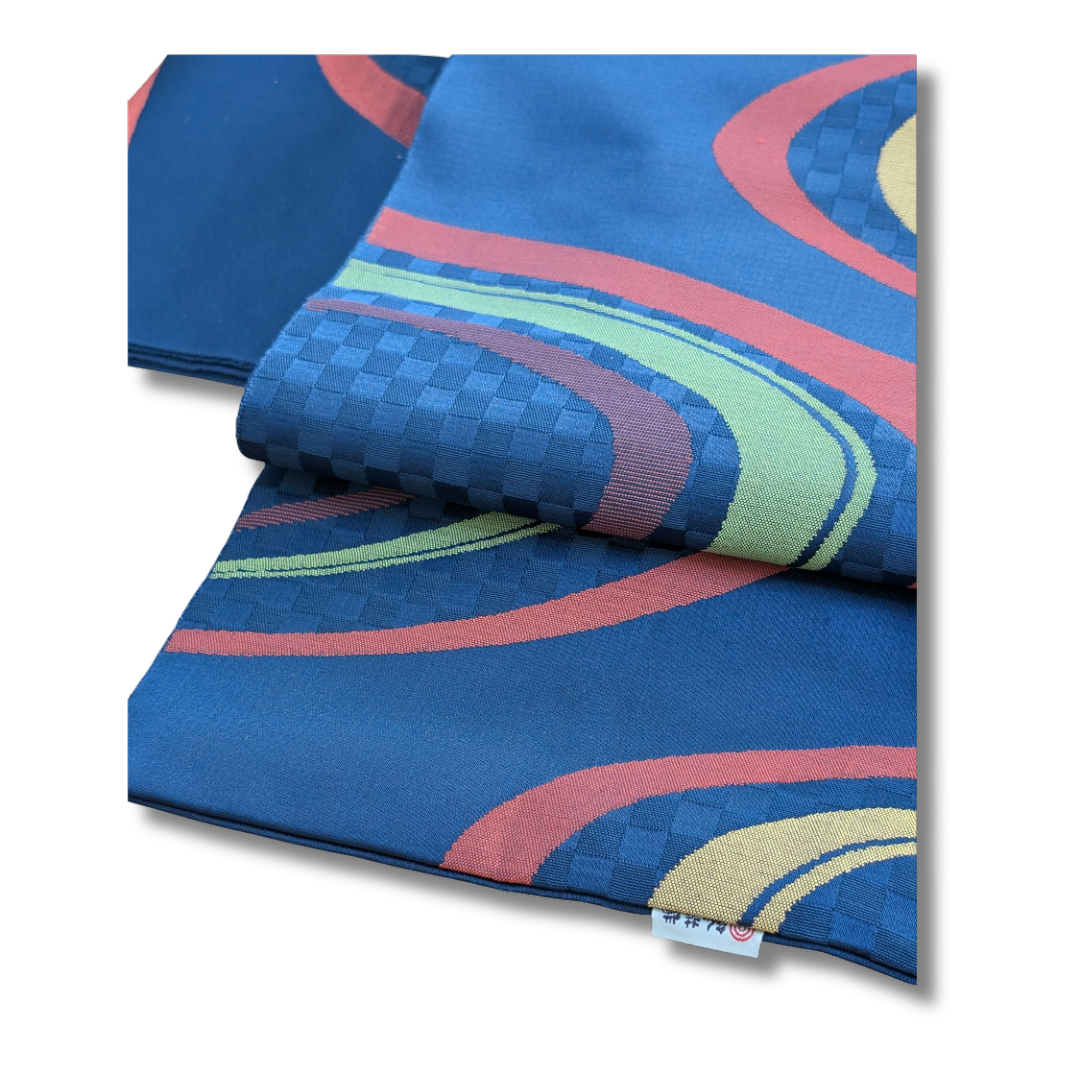 Vintage Tsukuri Obi Blau mit Wellenmuster