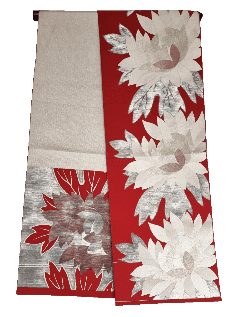 Vintage Hiraki shitate Nagoya Obi dunkelrot mit großen Blüten