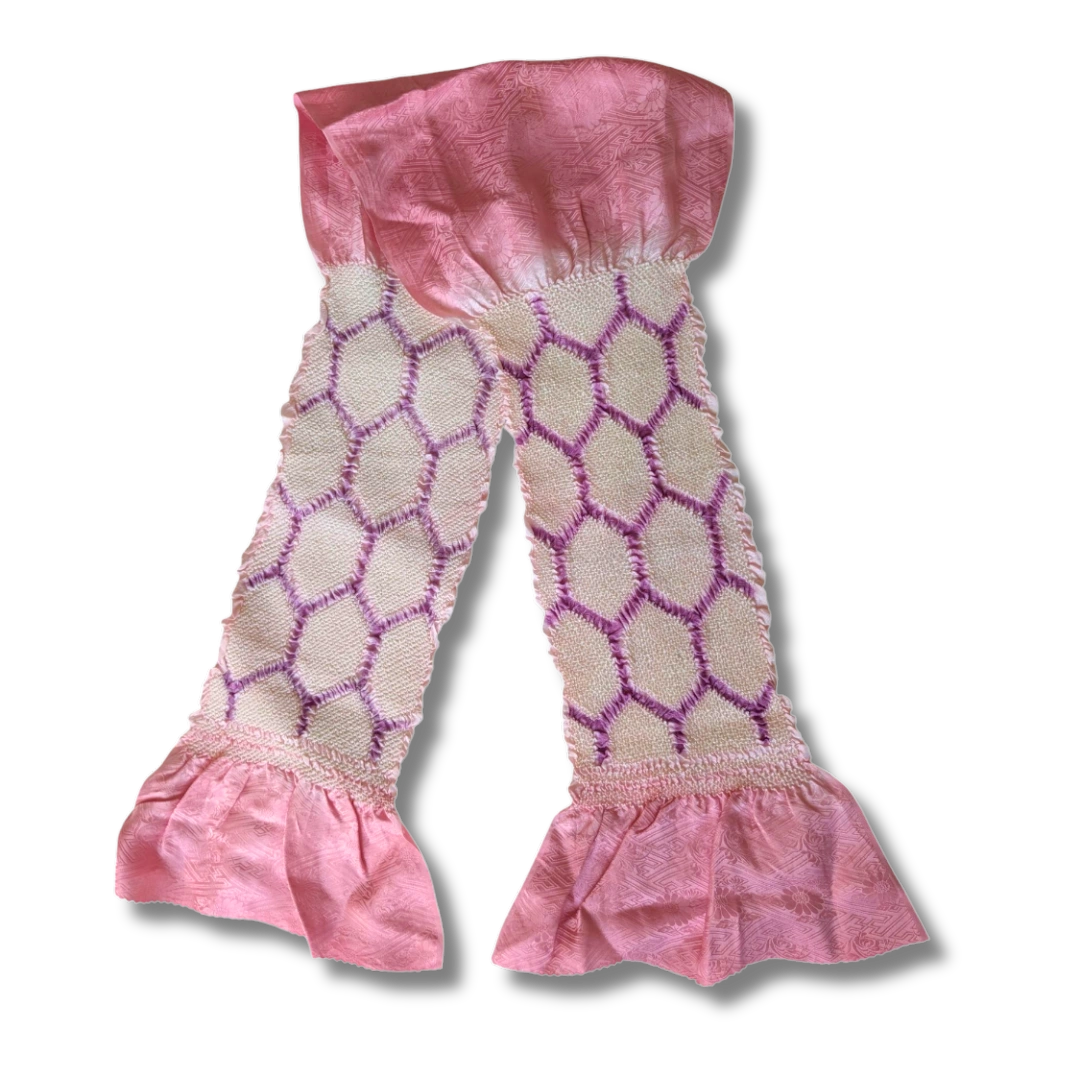 Vintage Obiage mit Shibori & Sayagata-Muster – Lila & Pink