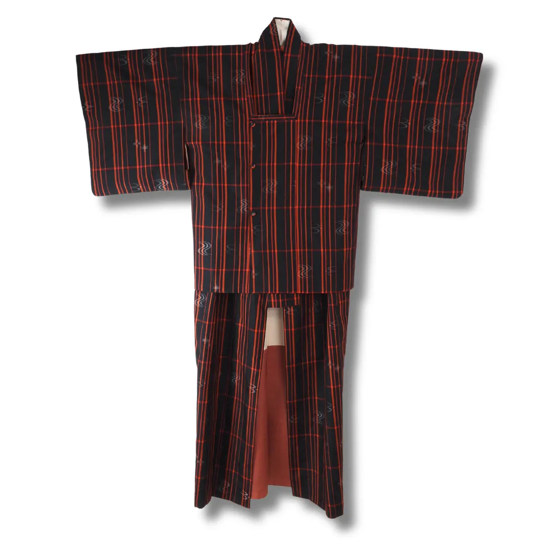 Vintage Kimono und Michiyuki Set schwarz kariert Gesamtansicht