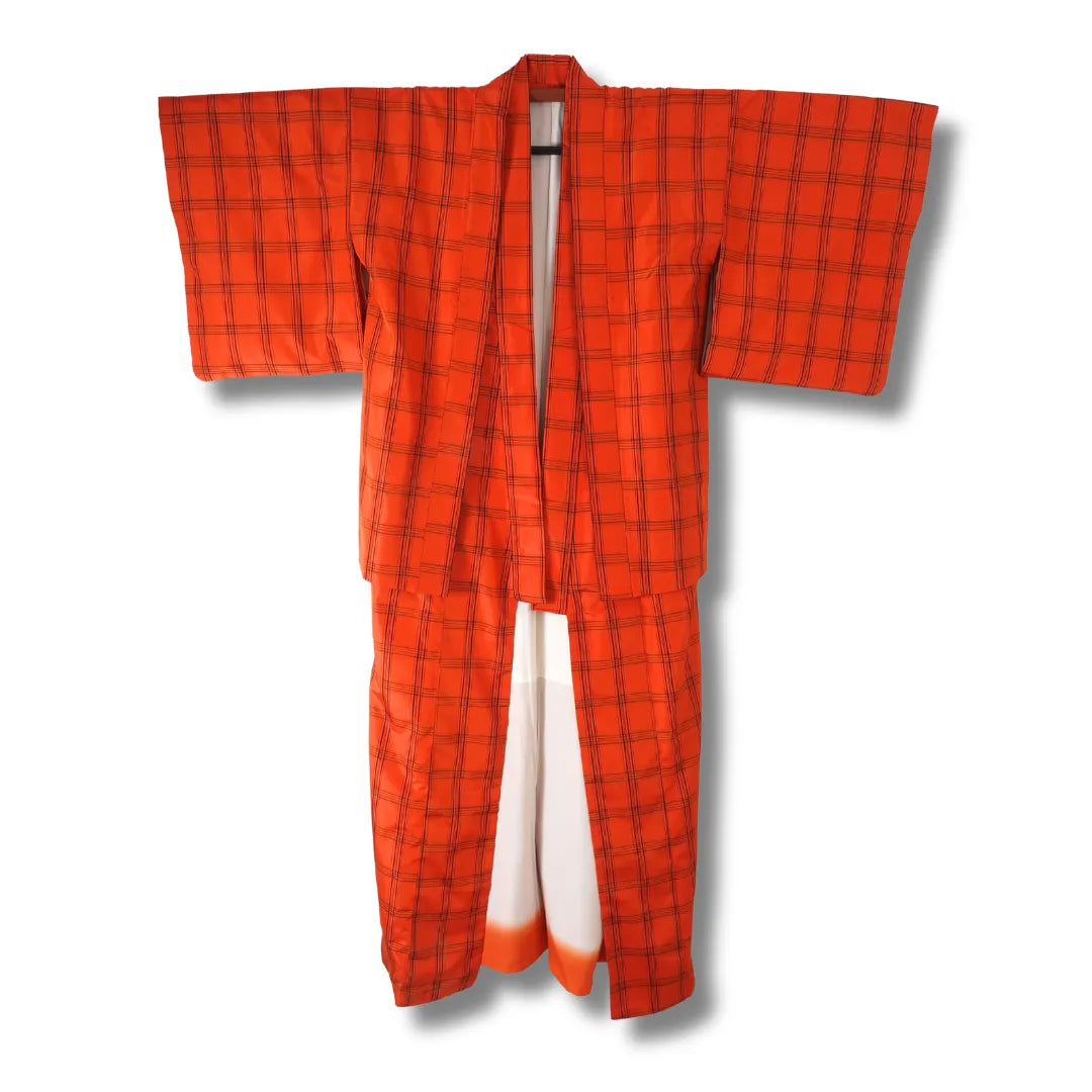 Vintage Damen Ensemble Kimono und Haori zinnober mit Karomuster Vorderansicht