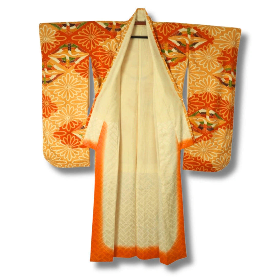 Vintage Damen Furisode Kimono orange Blumen