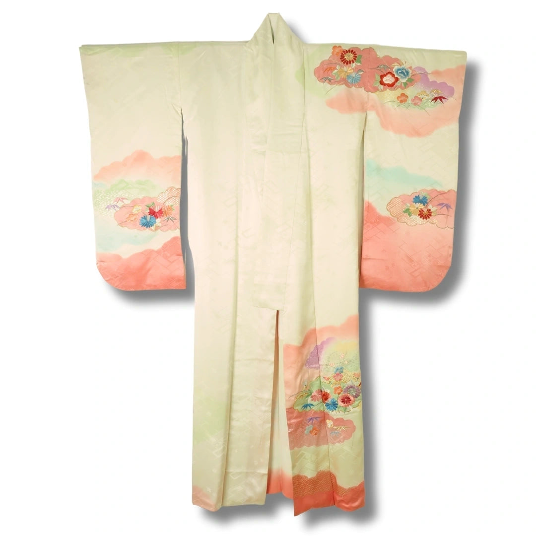 Vintage Furisode Kimono Damen Creme Pink