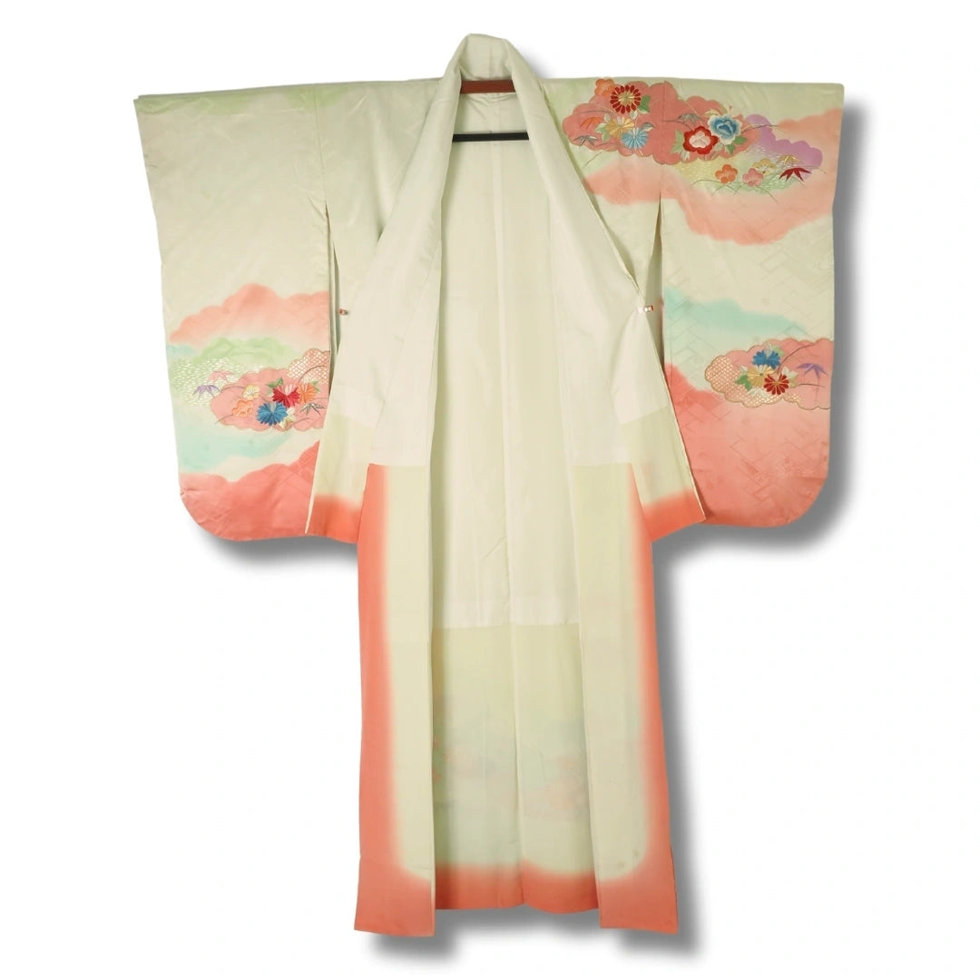 Vintage Furisode Kimono Damen Creme Pink
