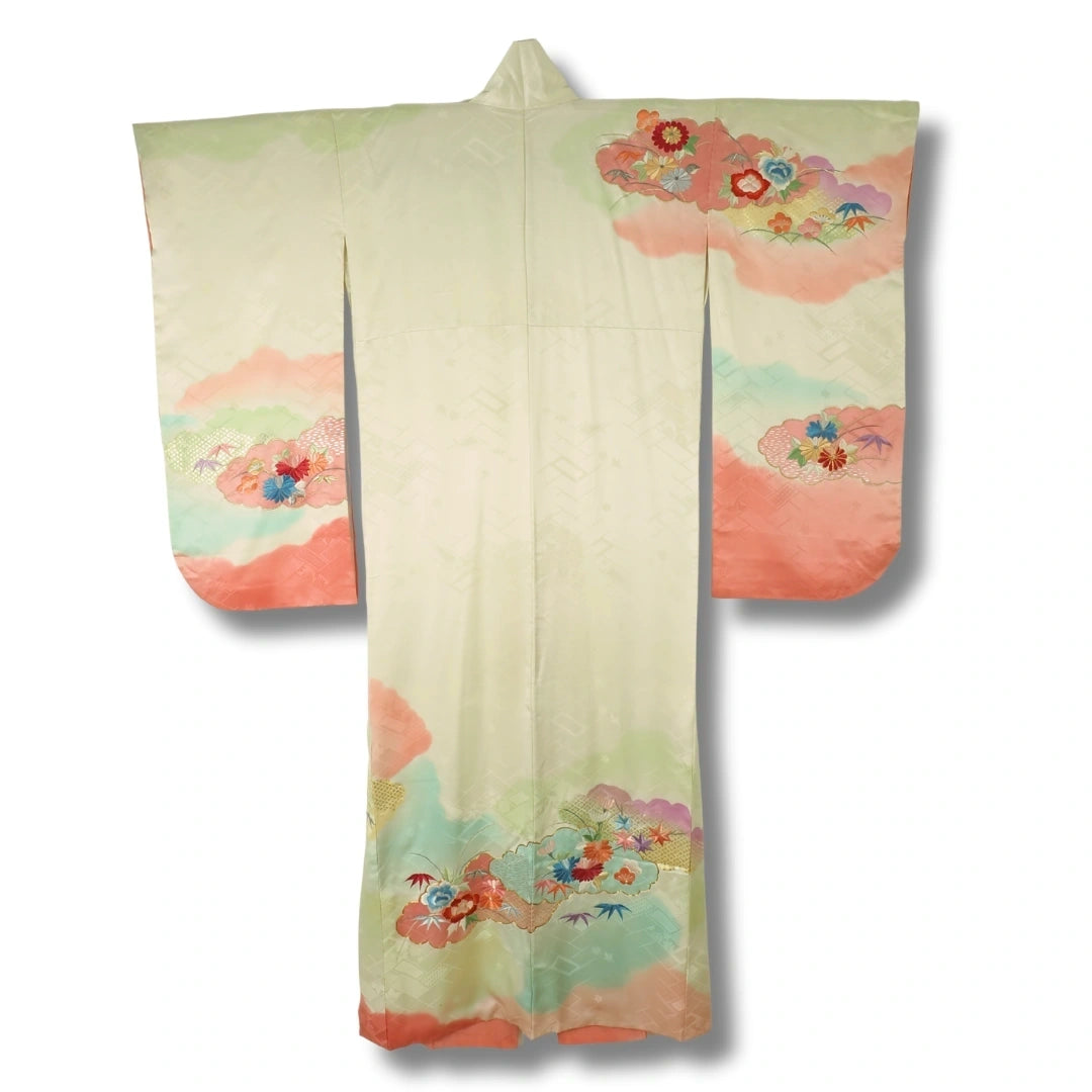 Vintage Furisode Kimono Damen Creme Pink