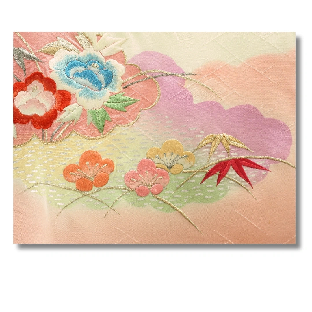Vintage Furisode Kimono Damen Creme Pink