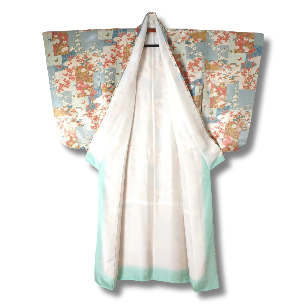 Vintage Damen Furisode Kimono blau rosa creme