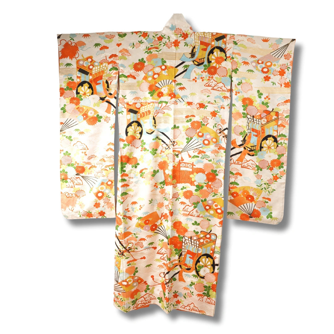 Vintage Damen Furisode Kimono Blumen und Kutsche
