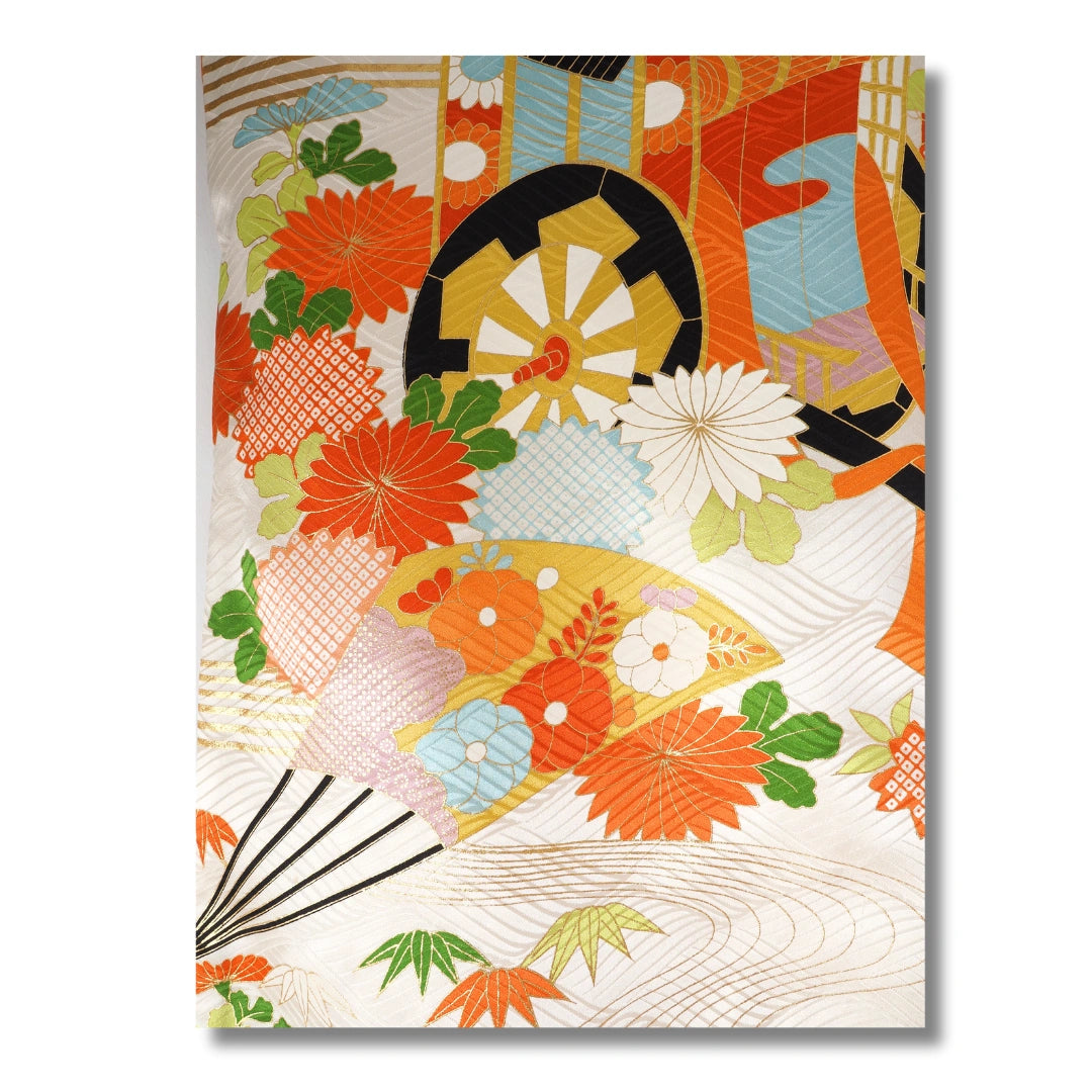 Vintage Damen Furisode Kimono Blumen und Kutsche
